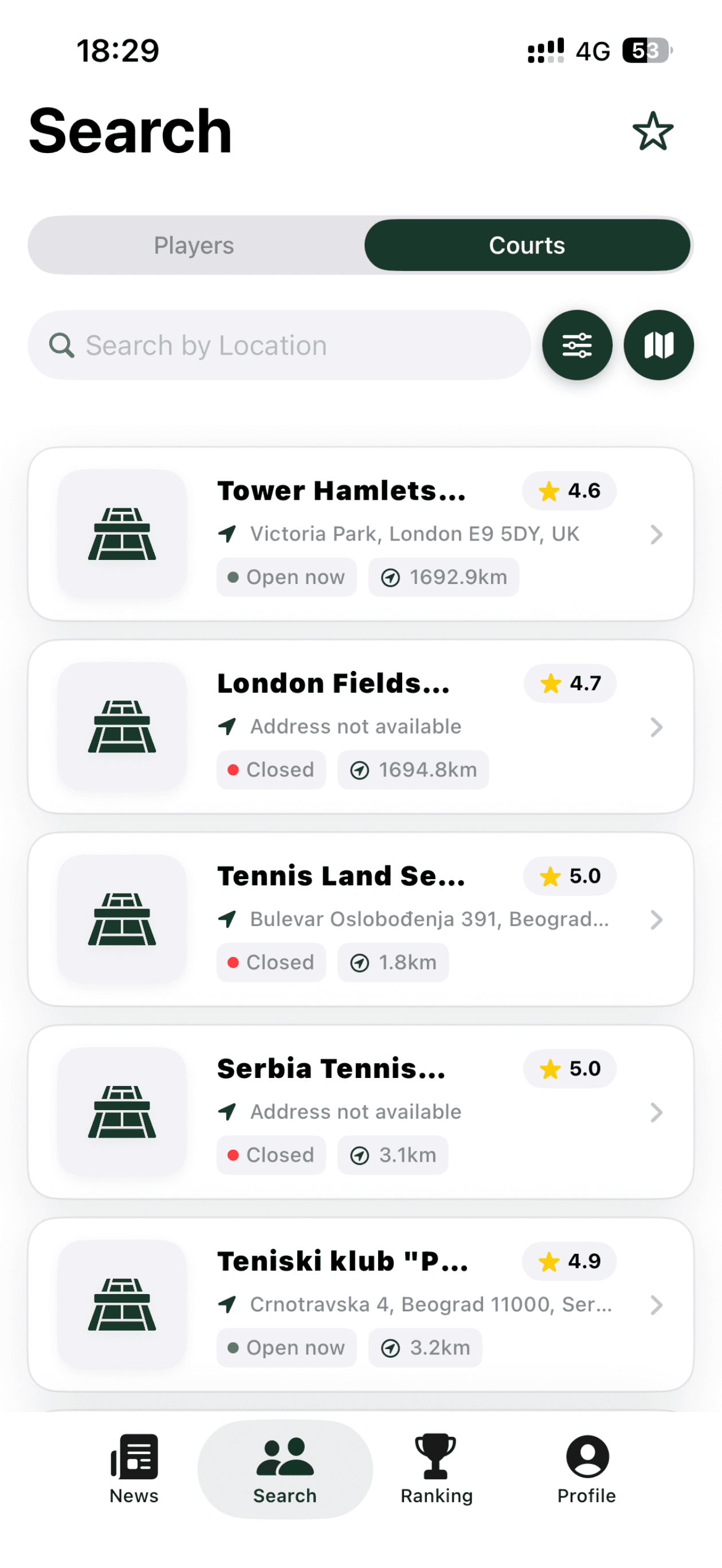 Search results for tennis courts in Tennect
