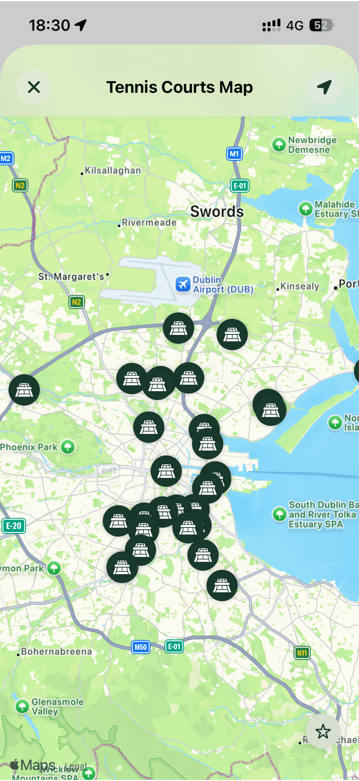 Tennect map displaying nearby tennis courts