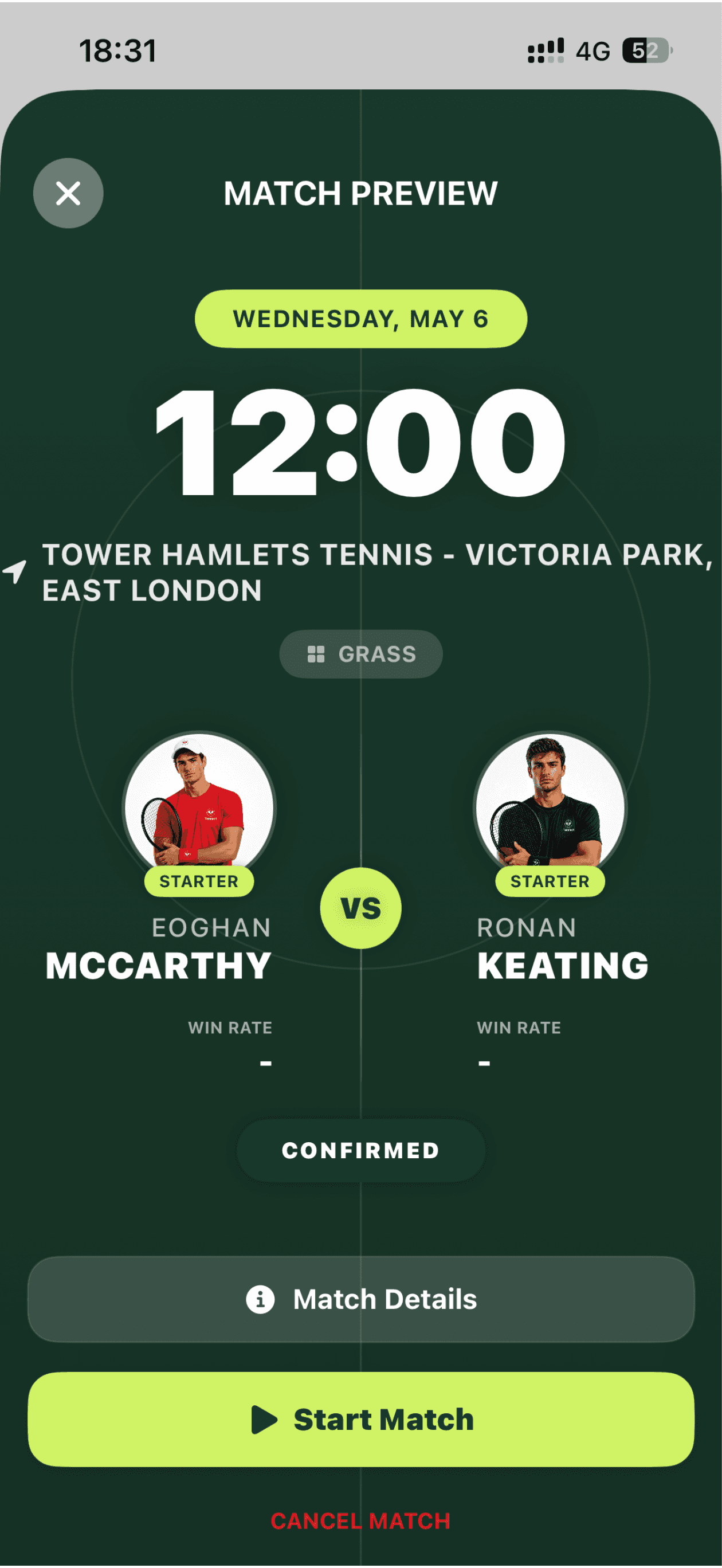 Tennect confirmed tennis match preview