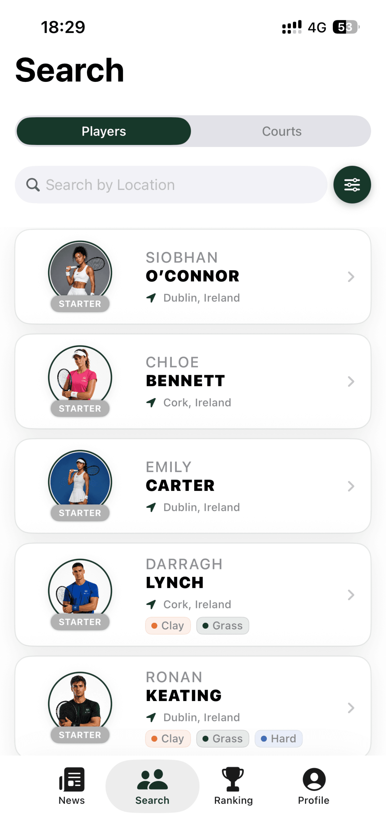 Tennect player search showing local players and preferred surfaces