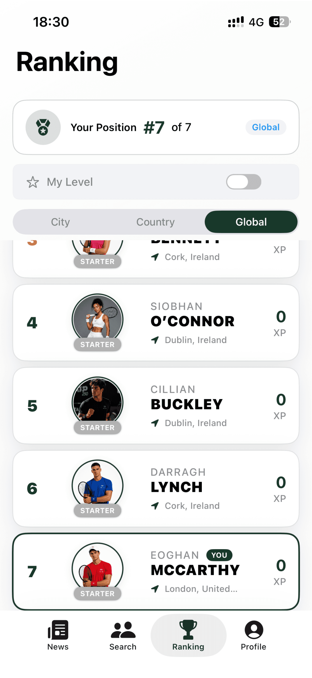 Global tennis player rankings in Tennect
