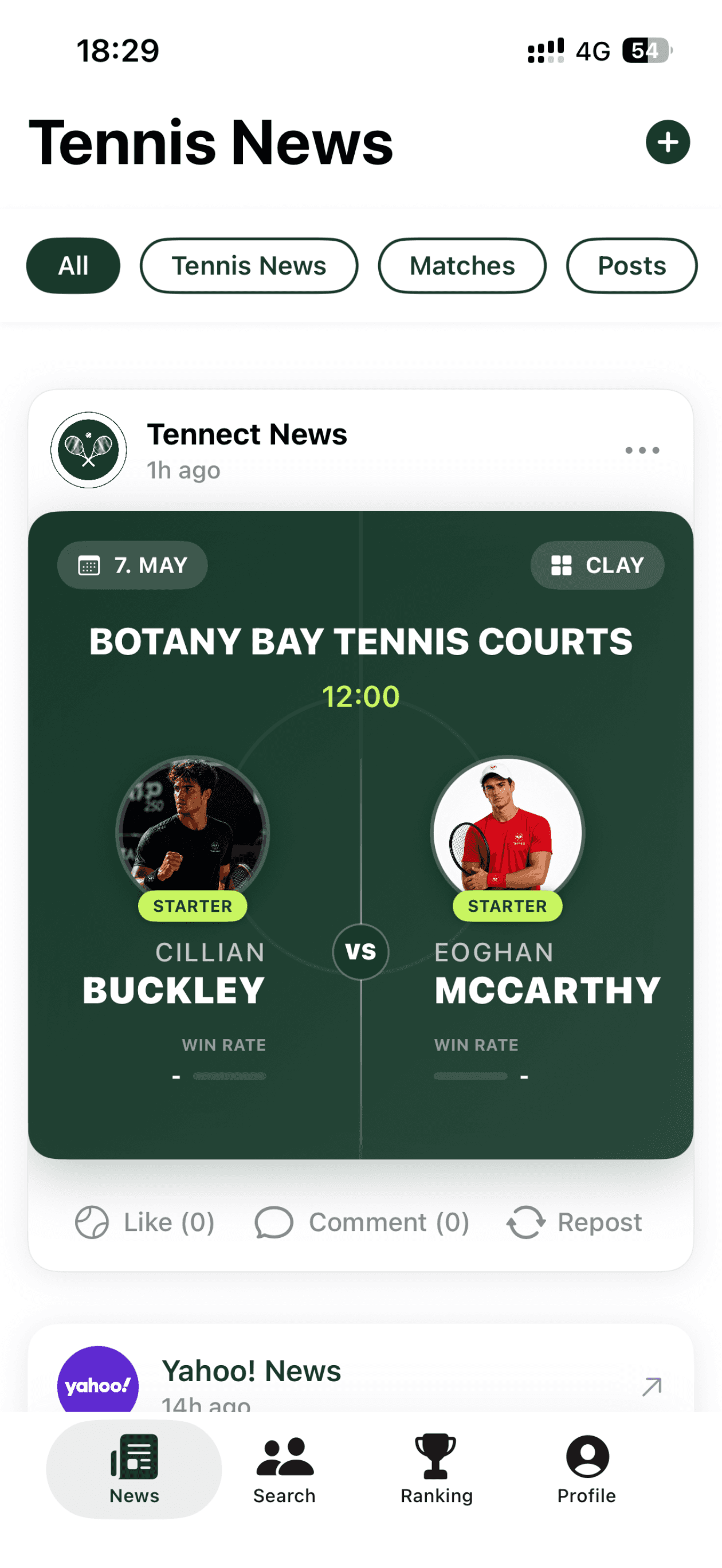 Tennis news and community match feed in Tennect