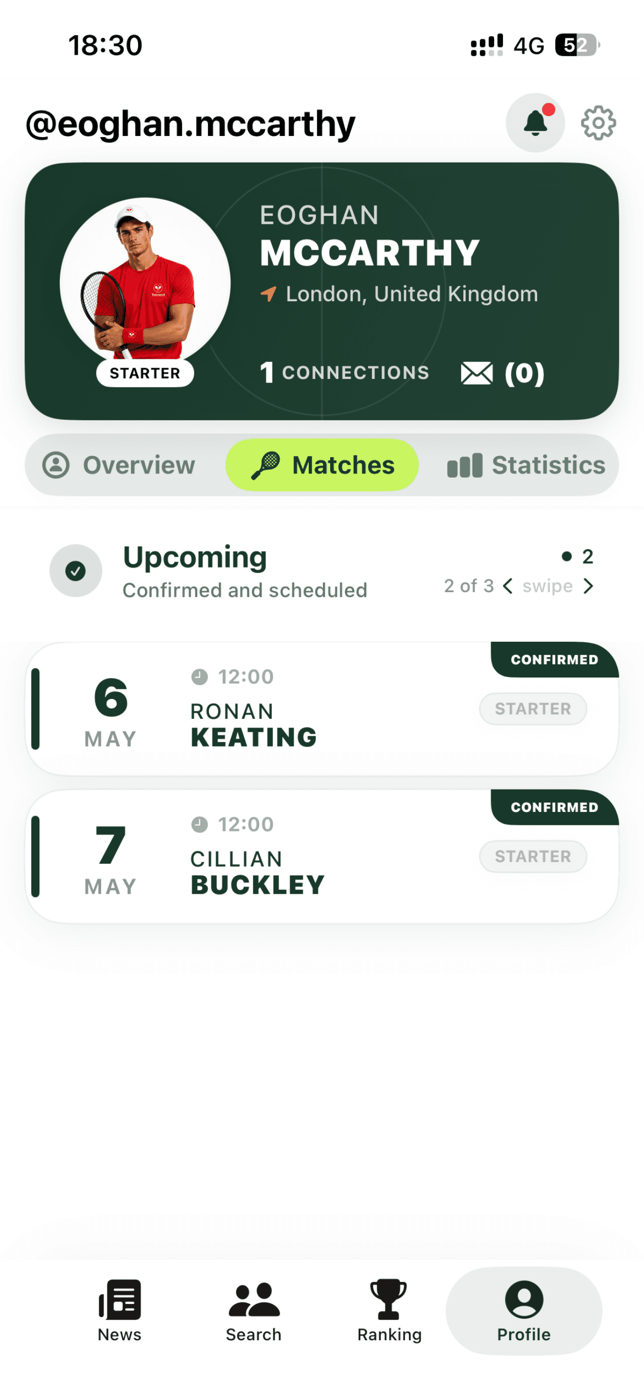 Upcoming confirmed tennis matches in Tennect